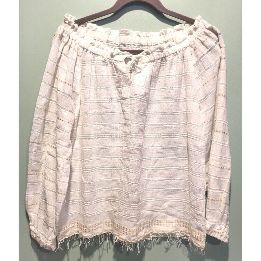 Nwot Lemlem White Gold Accent Long Sleeve Lightweight Elastic Tie Neckline Sz S